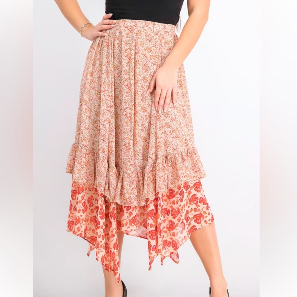 Free People Women Zuma Drippy Ruffle Skirt Rust Red Combo size 0